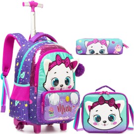 MYHSBYO Rolling Backpack with Wheels for Girls Kids Cute Cat Rolling Backpack with Lunch Bag and Pencil Case Set Kids Travel Luggage for Elementary Girls Ages 5-12
