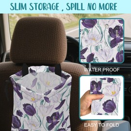 Car Trash Bag Purple Tulips and Leaves Hanging Drawstring Car Organizer and Storage Bag with Adjustable Buckle Canvas Garbage Bin for Back Seat or Hanging Headrest Car Decor Road Trip Essentials