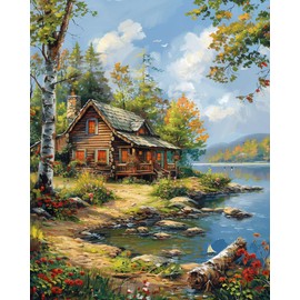 shinefly Paint by Numbers Kit Acrylic Easy Paint by Numbers for Adults Beginner Gift Home Wall Decor 16" W x 20" L, Log Cabin