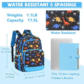 VASCHY School Backpack for Boys, 16in Water Resistant Backpack for Kids Preschool/Primary/Elementary School Bookbag with Tablet Sleeve Black Dino