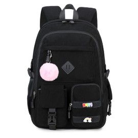 BLUWEI Girls Laptop Backpack Corduroy Bookbag For Teen Big Studen School Bag Durable Travel Daypack (1black)