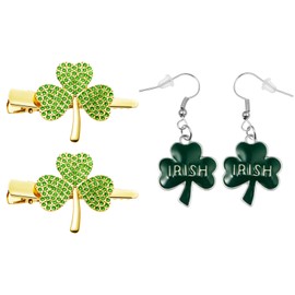 St. Patrick's Day Accessories for Women - Shamrock Earrings and Green Hair Clips Set, Includes 1 Pair of Green Shamrock Irish Alloy Dangle Earrings and 2PCS Clover Rhinestone Alloy Hair Clips