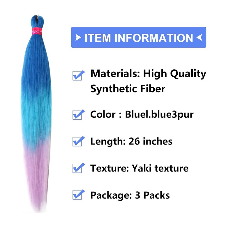 Ombre Blue Purple Pre stretched Braiding Hair 3 Packs Pre