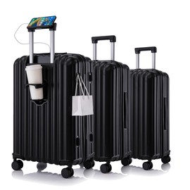 UJoylify Luggage Set 3 Piece, Expandable Travel Lightweight Suitcases with Spinner Wheels, Cup Holder, USB Port, Phone Holder, TSA Lock, ABS Carry on Luggages for Business, Trip (20"/24"/28") (Black)