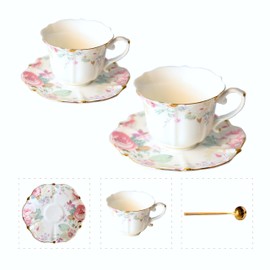 POWDONUNT Vintage Floral Porcelain Tea Cup and Saucer Set with Spoon, Gold Trim, 6.4 oz – Set of 2, Pink – Tea &Espresso & Coffee Cups(2, Pink)