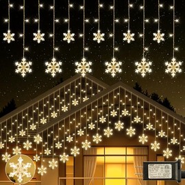 Qunlight Christmas Snowflake Lights,6.5ft 144LED Window Icicle Lights with 12 Drops,8 Modes Timer Connectable Curtain Light Plug in for Bedroom,Eaves,Wedding,Indoor Outdoor Xmas Decor,Warm White