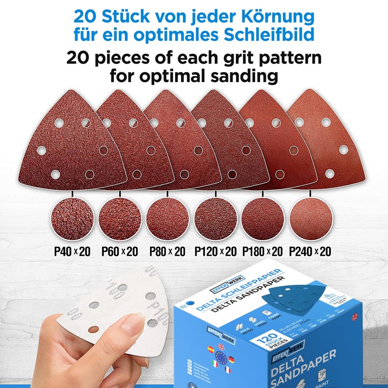 EffektWerk Delta Sandpapers (120 Pack 6 Holes) 93x93x93mm Triangular Sanding