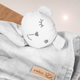 roba Baby Comforter Lil Planet – 40 x 40 cm – Cuddle Blanket with Bear Motif – Muslin – Organic Cotton GOTS Certified – Grey