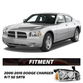 Bingbingmotor Headlight Assembly Fit for 2006-2010 Dodge Charger Headlight with Corner Light Passenger and Driver Side Chrome Housing & Amber Reflector with High/Low Beam Bulbs