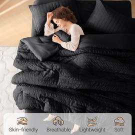 MUXHOMO 5 Pieces Twin XL Comforter Set, Seersucker Bed in a Bag Twin XL Size, All Season Luxury Bedding Set with Comforter, Flat Sheet, Fitted Sheet, Pillowcase & Sham, Black
