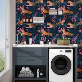 Fvlow Tiger Wallpaper Peel and Stick Jungle Contact Paper 17.4" x 393" Dark Blue Wall Covering for Bedroom Countertop Desk Cabinet