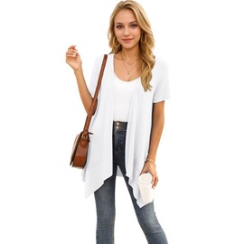 YGJIEGENG Women's Long Cardigans Jumpers Cardigan with Pockets Ladies Loose Short Sleeve Plus Size Cardigan for Autumn Summer Spring,White,3XL