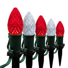 Wintergreen Lighting 50’ OptiCore LED C7 Red and White Pathway Christmas Lights, C7 Candy Cane Outdoor Christmas Lights, 4.5” Stakes, Green Wire Plug String Lights
