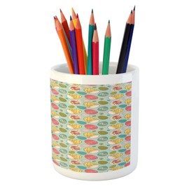 Ambesonne Easter Pencil Pen Holder, Pale Blue Backdrop with Curly and Floral Motifs in Doodle Style, Printed Ceramic Pencil Pen Holder for Desk Office Accessory, Multicolor
