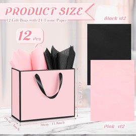 ReliThick 12 Pack Metallic Paper Gift Bag with Handle and Tissue 11.8 x 10 x 4'' Thank You Favor Bag for Wedding Bridal Shower Groomsmen Birthday Party Business Baby Shower Retirement(Pink, Black)