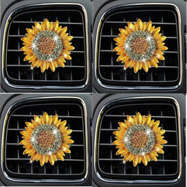 4Pcs Bling Sunflower Air Vent Clips, Golden Sunflower Car Air Fresheners Vent Clips Car Diffuser Diamond Car Decoration Rhinestone Car Interior Decor Cute Car Interior Accessories Air Fresheners