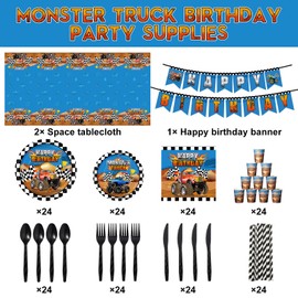 195 Pieces Monster Trucks Birthday Party Supplies,Includes Happy Birthday Banner,Tablecloth,Plates,Paper Cups,Napkins,Knives,Forks Tableware Set Serves 24 for Monster Truck Themed Party Decorations