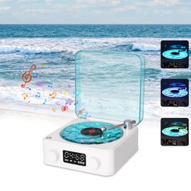 Jiawu Waves Bluetooth Speaker, Vintage Record Player Style with Adjustable Ambient Light, Ocean Sound White Noise, 3-in-1 Wireless Speaker with Night Light and Time Display, White