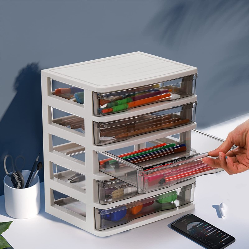 DEAYOU 5 Drawer Desktop Storage Bin Unit, Small Plastic Organizer,