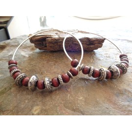 ◦•●◉✿ DUNKELROTE GIGANTISCHE 7,5 CM HOLZ ETHNO BOHO TRIBAL CREOLEN IN ROTBRAUN ✿◉●•◦ auffällige, einmalige Ohrringe mit Acryl und Holz