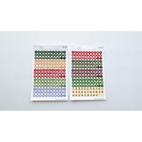 Date Dot Small Number Stickers 10 month sets, Festive Color