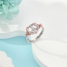 HUKKUN Celtic Peace Sign Ring Sterling Silver White Rose Gold Plated Ring Celtic Knot Jewelry Gifts for Women Peace Lover Gift
