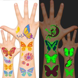 EMOME Temporary Tattoo - Glow + Metallic Glitter Style Tattoos for Kids Party Supplies, Temp Tattoos Sticker for Boys Girls, Birthday Party Favor Decorations Accessories (Butterfly)