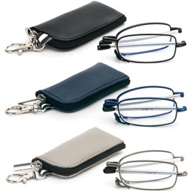 3 Pack Folding Reading Glasses with Keychain Compact Bags Women Men Blue Light Blocking Spring Hinge Portable Pocket Readers,Black Grey and Blue 3.0