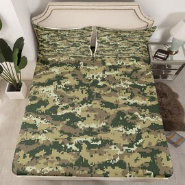Army Green Camo Bed Sheet Set Full Size,Geometric Abstract Camouflage Bedding Set 4pcs for Kids Men Boys Adult Room Decor,Army Soldier Lovers Fitted Sheet Modern Top Flat Sheet with 2 Pillowcases