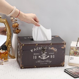 Sumnacon Tissue Box Cover Rectangle Wood Tissue Box with Hinged Lid, Vintage PU Tissue Box Holder Retro Brown Tissue Cover for Bathroom Toilet Bedroom Kitchen Office Table Desk, Large