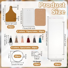 OLYCRAFT 30 Sets Imitation Leather Blank Tags Kit Cow Ear Tag 7.6x5cm Leather Labels Blank PU Tags Included Tassel Keyring for Stamping DIY Label Jeans Bag Accessories DIY Jewelry Crafts