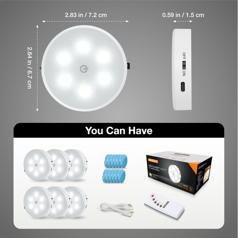 Puck Lights with Remote Control,1000mAh Rechargeable Under Cabinet Lighting,LED Closet