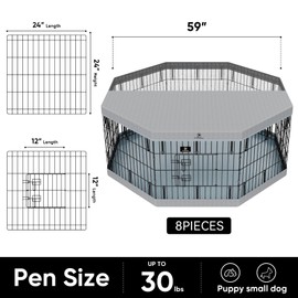 PJYuCien Dog Playpen, 8 Panels 24”H Dog Playpen Indoor with Grey Bottom Pad and Top Cover, Metal Foldable Dog Pen for Indoor Use, Only for Small Medium Animals, Grey