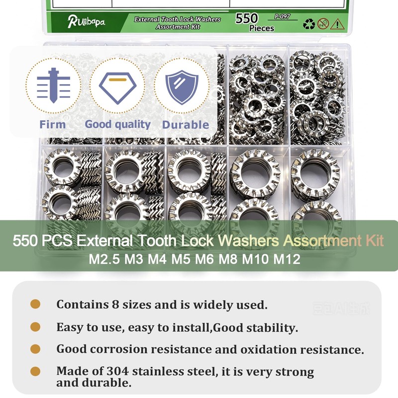 Ruibapa 550PCS External Tooth Lock Washers Assortment Kit (M2.5-M12)