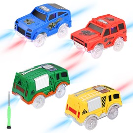 Tracks Cars Replacement only, Toy Cars for Magic Tracks Glow in the Dark, Racing Car Track Accessories with 5 Flashing LED Lights, Compatible with Most Car Tracks for Kids Boys and Girls(4pack)