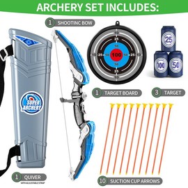 Youth Blue Bow and Arrow Set  Safe Plastic with 10 Suction Cup Arrows, 4 Targets and Quiver - For Indoor/Outdoor Play - Fun Archery Toy Gift archery set