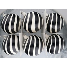 Esferas Navideñas de Cristal | Hecho a Mano | Decoración Navideña | Adornos para Árbol de Navidad | Diseño Caramelo Blaco con Negro | 6 pzas 10cm | Tinta Negra
