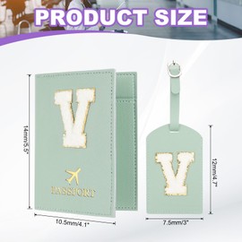 PATIKIL Passport Holder for Travel, Initial Passport Cover and Luggage Tag Set with Alphabet Chenille Letter Patch Travel Wallet Bag Suitcase Identifier for Women Family Travel Green V