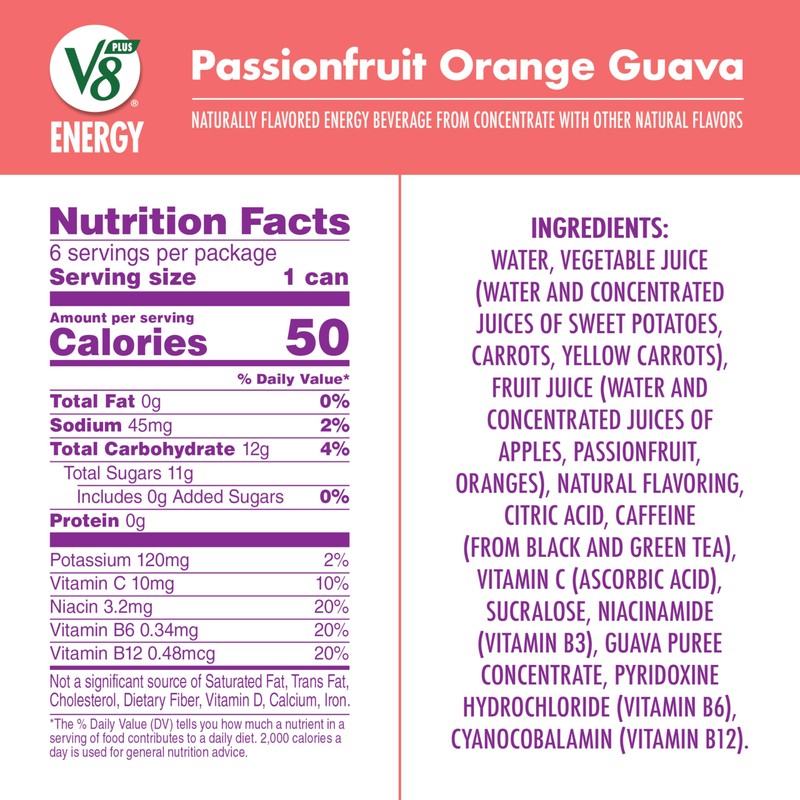 V8 +Energy Passionfruit Orange Guava Juice Energy Drink, 8 fl