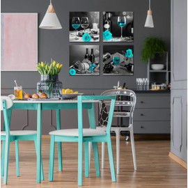 kitchen Wall-Art - Wine Wall Decor For Bedroom Women Black And White Wall Pictures Modern Art Decorations For Living Room - Teal Rose Artwork - Gray Cask Canvas 14x14 Inches x4 Framed