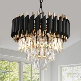 AKMNBDH Modern Black and Gold Crystal Chandelier Luxury K9 Crystal Chandelier Round Flush Mount Chandeliers Ideal for Bedroom Living Room Dining Room Kitchen Foyer W40cm 3 Tiers 5 E12 Base