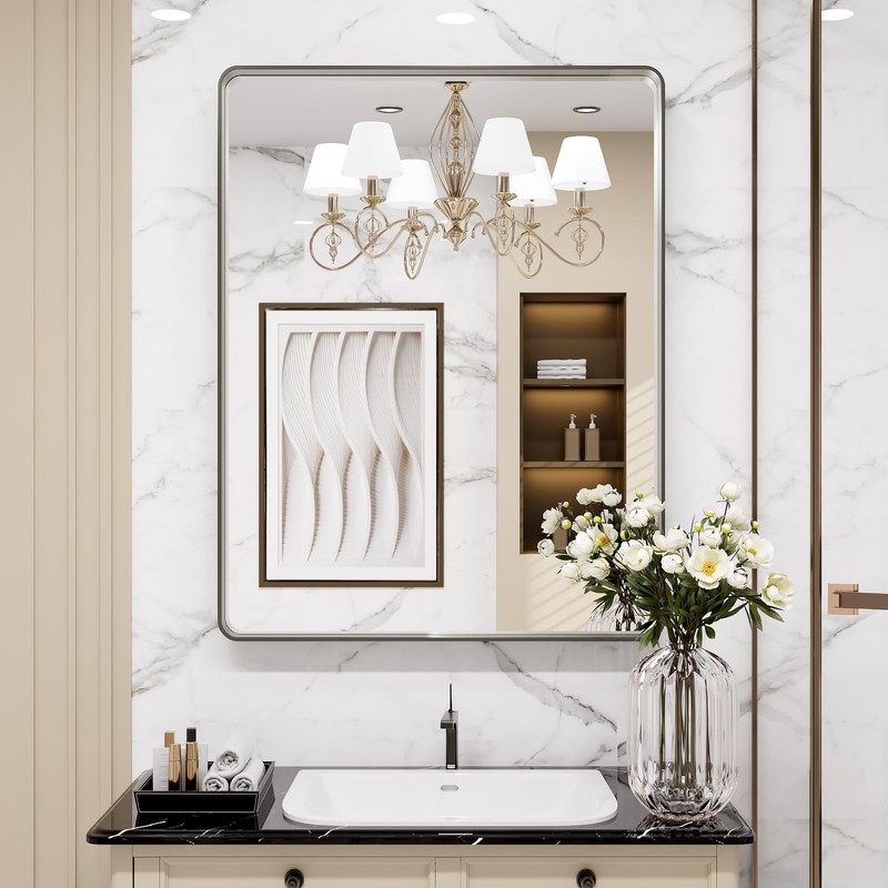 LOAAO 24X32 Inch Brushed Nickel Bathroom Mirror, Rounded Rectangle Silver