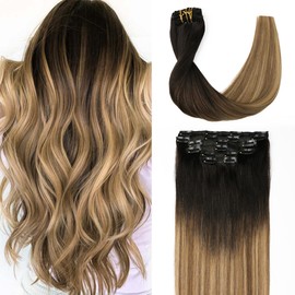 Sindra Clip-In Natural Hair Extensions, Balayage Black to Medium Brown, 6 Pieces, 100 g, 35 cm, Real Remy Hair, in Real Hair Extensions (C35#1B/4/27)