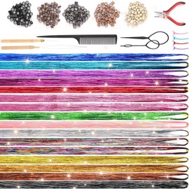 VIVIIHOO Hair Tinsel Set - 3200 Strands for Braiding, 48 Inches, 16 Colours Glitter Hair Strands for Cliping, Hair Tinsel with Tool and Accessories for Women, Girls, Children, Cosplay Party