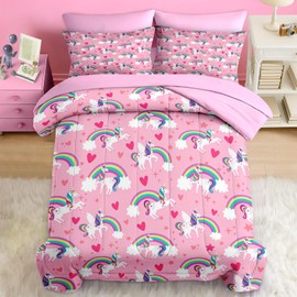Pamnest Comforter Set Twin Size, Cute Heart Unicorn 5 Pcs Bedding for Kids and Adults, Love Happy Horse Pink Bed Sheet Sets with Fitted Sheet Pillowcase & Sham for Bedroom Bed Decor