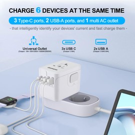 Universal International Plug Travel Adapter, 6 in 1 Wall Charger with 3 Type-C 5.8A 29W PD Fast Charging & 2 USB-A 5.8A & Multi AC Outlet Adaptor for USA EU UK AUS 200+ Countries