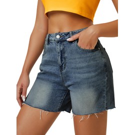 AUWUKA Womens High Waist Jean Shorts Wide Straight Leg Microelastic Long Denim Mom Shorts, Vintage Blue, 4