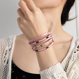 Rantanto Boho Braided Leather Wrap Bracelet Trendy Layered Cuff Bracelets Bohemian Stackable Fashion Bracelet Jewelry For Women (Boho Pink)