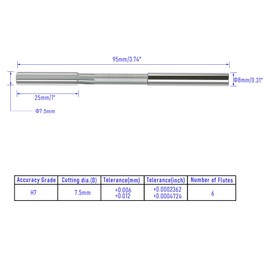 FOCMKEAS Chucking Reamer 7.5mm, H7 HSS Cobalt M35 Lathe Machine Reamer Metric, 6 Straight Flutes, Round Straight Shank Milling Cutting Tool, for Stainless Steel Alloy Copper Metal