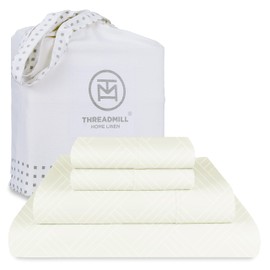 Threadmill Luxury 100% Cotton Queen Bed-Sheets - 800 Thread Count Jacquard Celine Ivory, Better Than Egyptian Cotton,4 Pc Striped Bed Set, Damask Sheets with Elasticized Deep Pocket